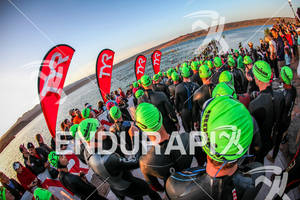 Age group athletes enter the water at the  Ironman St. George on May 5, 2012 in St. George, UT