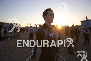 An age group division triathlete prepares to begin the 2012 Los Angeles Triathlon in Venice Beach, CA on September 30, 2012.