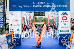 Melissa Hauschildt (AUS) wins the 2013 Belfort ITU Long Distance Triathlon World Championships on June 1st, 2013. Due to exceptionnaly cold weather condition the triathlon was transformed into a duathlon and the bike course shortened (10k-87k-20k).