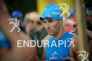 Andreas Raelert concentrates before the swim start of the Ironman 70.3 European Championship on August 9, 2015 in Wiesbaden, Germany