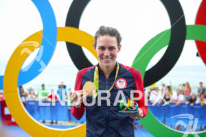 20160820 - RIO DE JANEIRO, Brazil: Picture shows 1st Gwen JORGENSEN (USA) with her gold medal front of the olympic rings
