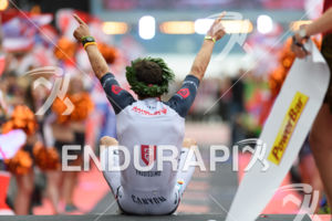 Jan Frodeno (GER) celebrates at the finish line at the 2017 Ironman Austria in Klagenfurt, Austria on July 2, 2017.