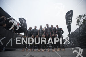 A group poses before the swim start at the 2019 Ironman Santa Rosa triathlon held in Sonoma County, CA on May 11, 2019.